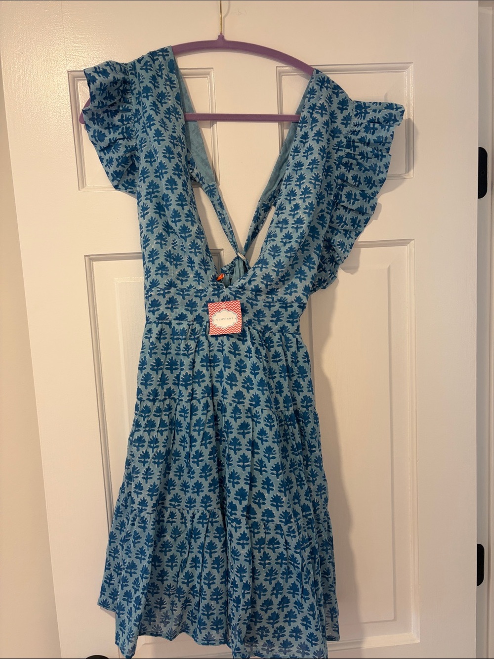 Oliphant Blue Floral Mini Dress with Ruffle Sleeves